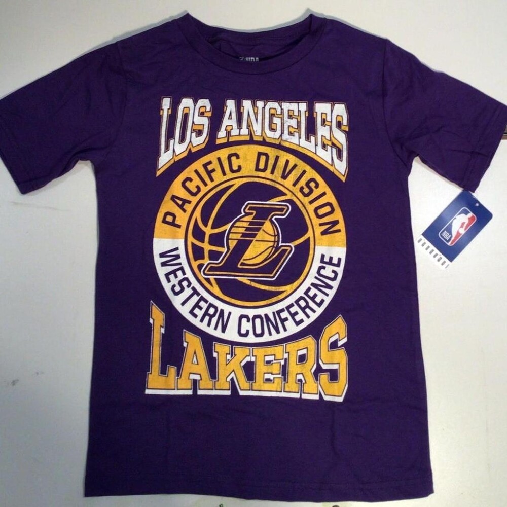 Official NBA Los Angeles Lakers youth T-shirt in classic purple! Vibrant gold/ye
